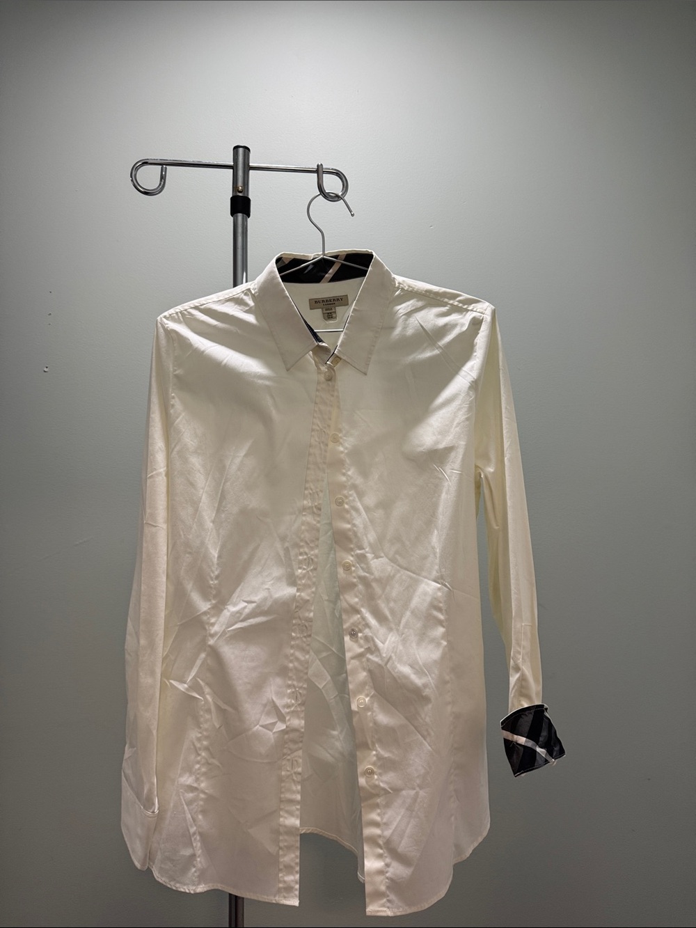 Burberry Cream Dress Shirt with Contrast Plaid Trim